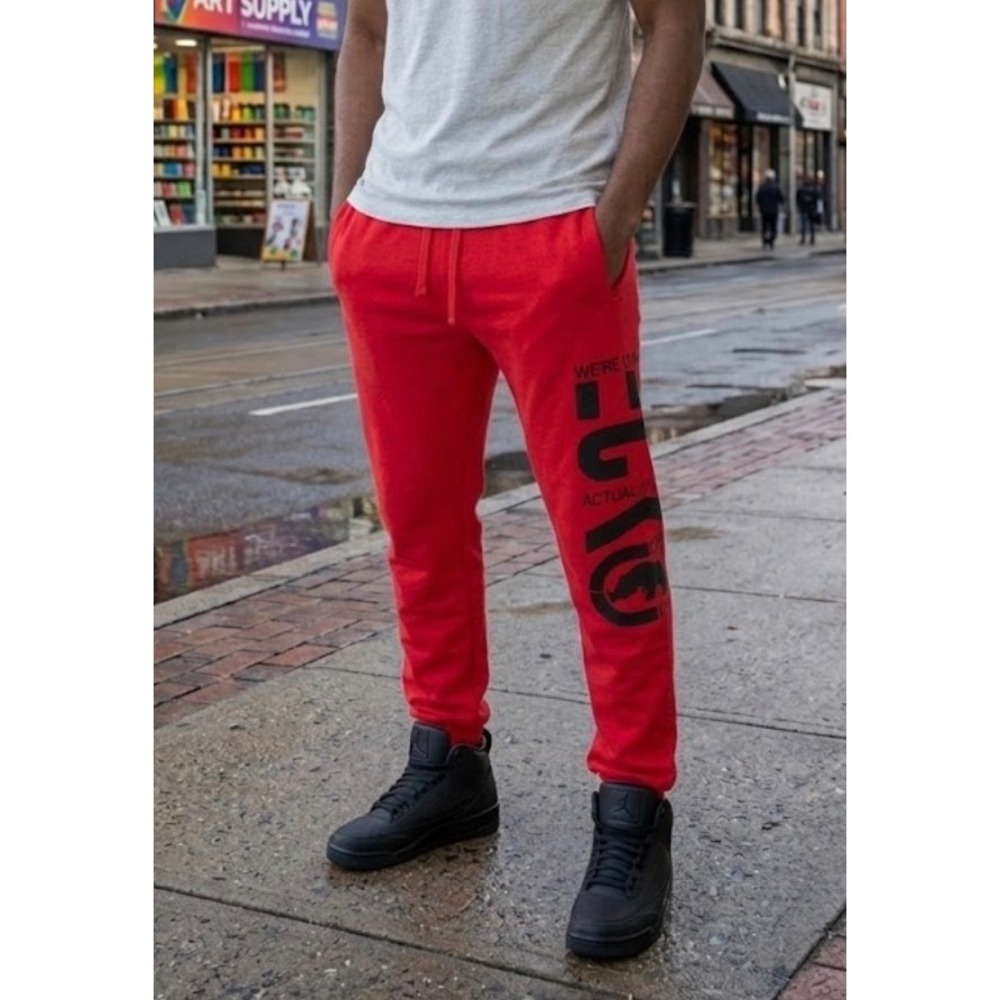 Ecko Unltd Mens Red Graphic Fleece Jogger Sweatpants Large Rhino Logo Streetwear
